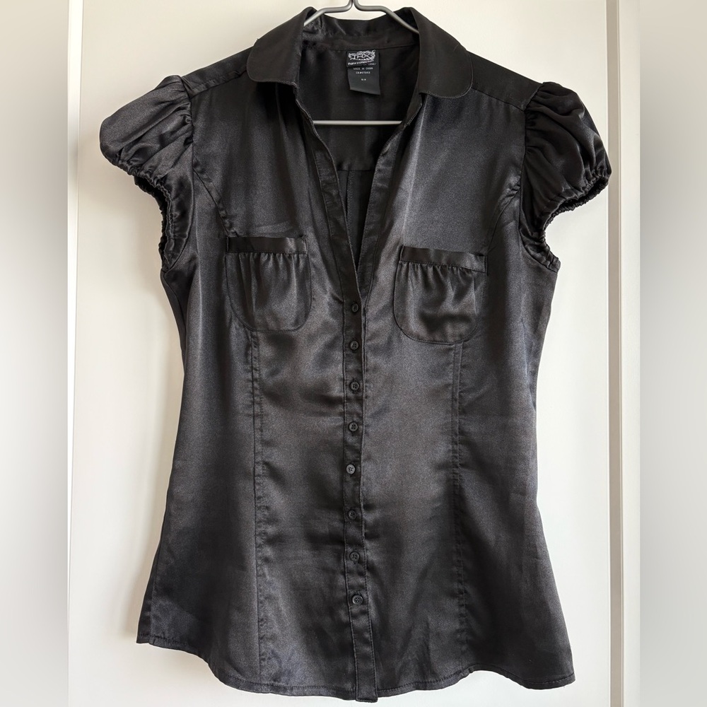 Black Puff Sleeve Button Down Blouse